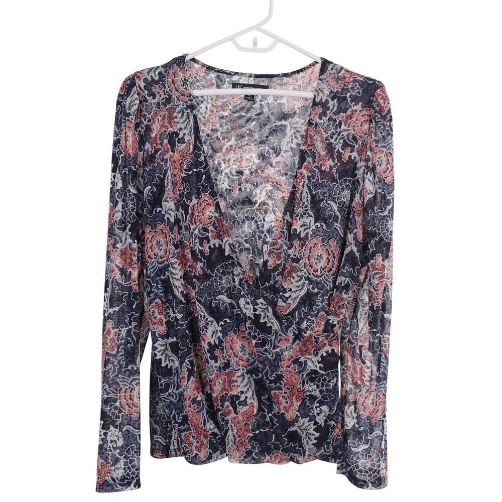 INC INT'L CONCEPTS Top 0X Blue Coral Print Mesh Puff Long Sleeve Surplice Neck